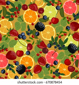 Seamless pattern of berries and citrus. Slices of lemon, orange, lime, blueberries, cranberries, lingonberries, cherries and strawberries.