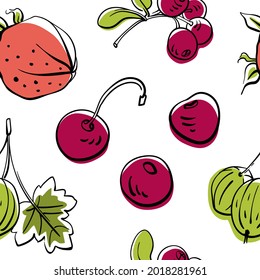 Seamless pattern with berries in colorful line sketchy style isolated on white background. Doodle hand drawn vector illustration