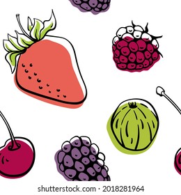 Seamless pattern with berries in colorful line sketchy style isolated on white background. Doodle hand drawn vector illustration
