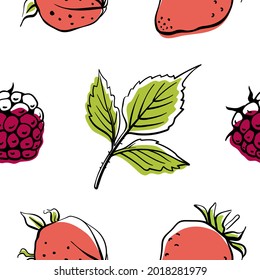 Seamless pattern with berries in colorful line sketchy style isolated on white background. Doodle hand drawn vector illustration