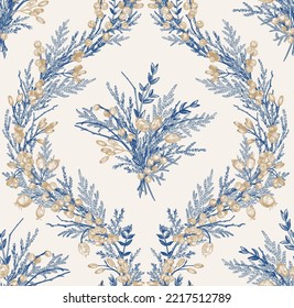 Seamless pattern with berries. Damascus. Classic ornament. Blue.