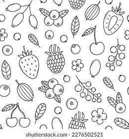 Seamless pattern of Berries doodle. Strawberries, raspberries, gooseberry, blueberries, cherry, blackberries in sketch style.  Vector illustration 