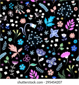 Seamless pattern with berries, flowers and butterflies. Endless floral pattern. Vector illustration. 