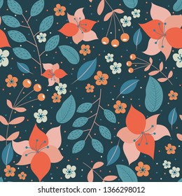 Seamless pattern of berries, flowers and leaves on a dark background. Vector design.