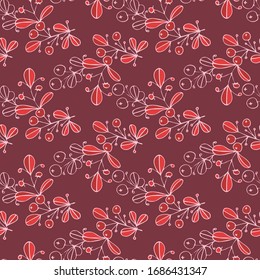 Seamless pattern of berries, flowers and leaves. Hand drawn floral ornament. Design for textile, paper, packaging, bedding from colorful doodle elements in folk style. Vector illustration
