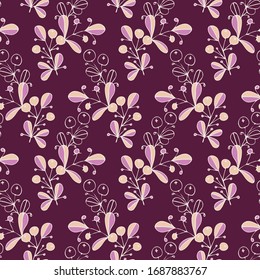 Seamless pattern of berries, flowers and leaves. Hand drawn floral ornament. Design for textile, paper, packaging, bedding from colorful doodle elements in folk style. Vector illustration