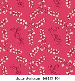 Seamless pattern of berries, flowers and leaves. Hand drawn floral ornament. Design for textile, paper, packaging, bedding from colorful doodle elements in folk style. Vector illustration