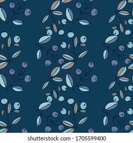 Seamless pattern of berries, flowers and leaves. Hand drawn floral ornament. Design for textile, paper, packaging, bedding from colorful doodle elements in folk style. Vector illustration