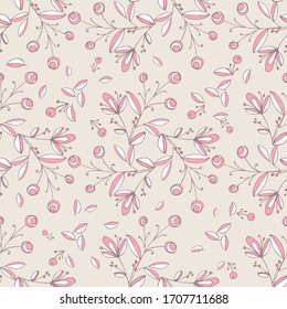 Seamless pattern of berries, flowers and leaves. Hand drawn floral ornament. Design for textile, paper, packaging, bedding from colorful doodle elements in folk style. Vector illustration