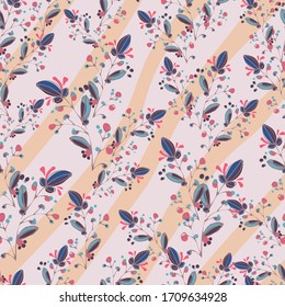 Seamless pattern of berries, flowers and leaves. Hand drawn floral ornament. Design for textile, paper, packaging, bedding .Сolorful doodle elements in folk style. Vector illustration.