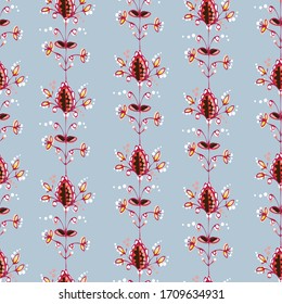 Patrón sin inconvenientes de bayas, flores y hojas. El adorno floral dibujado a mano. Diseño para textiles, papel, embalaje, ropa de cama .С elementos de doodle coloridos en estilo folclórico. Ilustración vectorial.