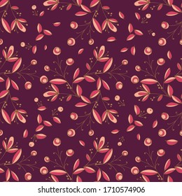 Seamless pattern of berries, flowers and leaves. Hand drawn floral ornament. Design for textile, paper, packaging, bedding from colorful doodle elements in folk style. Vector illustration