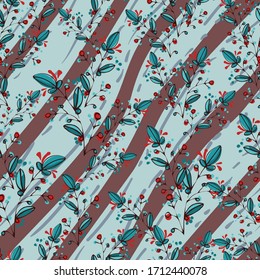 Seamless pattern of berries, flowers and leaves. Hand drawn floral ornament. Design for textile, paper, packaging, bedding .Сolorful doodle elements in folk style. Vector illustration.