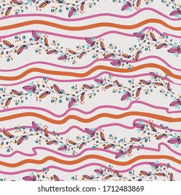 Seamless pattern of berries, flowers and leaves. Hand drawn floral ornament. Design for textile, paper, packaging, bedding from colorful doodle elements in folk style. Vector illustration