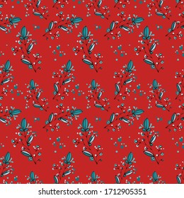 Seamless pattern of berries, flowers and leaves. Hand drawn floral ornament. Design for textile, paper, packaging, bedding from colorful doodle elements in folk style. Vector illustration