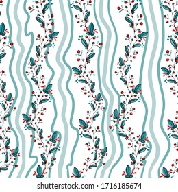 Patrón sin inconvenientes de bayas, flores y hojas. El adorno floral dibujado a mano. Diseño para textiles, papel, embalaje, ropa de cama de elementos de doodle coloridos al estilo folclórico. Ilustración del vector