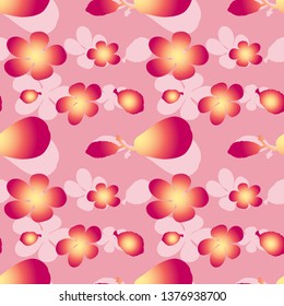 Seamless pattern with berries, flowers and plum leaves. Decorative plums. Layered pattern. Gradient fill of elements.