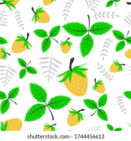 Seamless pattern with berries, flowers and strawberry leaves on white isolated . Vector illustration