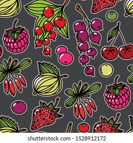 Seamless pattern with berries. Fresh berry. Fabric pattern. Strawberries, raspberries, cherries, cherries, barberries, currants. Background.