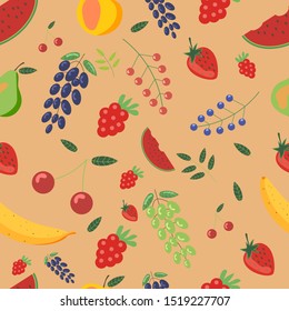 Seamless pattern of berries and fruits.On a beige background.Hand drawing Vector illustration.