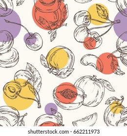 Seamless pattern with berries and fruits: cherry, plum, peach and apricot. Vector hand drawn illustration.