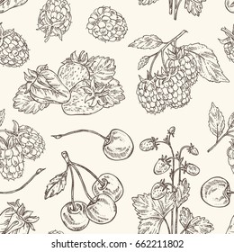 Seamless pattern with berries and fruits: strawberries, cherries, raspberries, blackberries and strawberries. Vector hand drawn illustration.