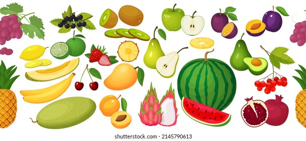 Seamless pattern of berries and fruits.Colorful cartoon icons of ripe and juicy fruits isolated on a white background, avocado,lime,nutrition,pear,apple,plum,apricot,grape,melon and cherry.