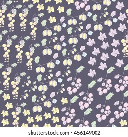 Seamless pattern with berries. Gooseberries, redcurrants, currants, leaves. Deep background, light colors. Usable for wrapping, textile, paper.