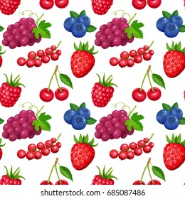 Seamless pattern with berries grapes, currants, blueberries, raspberries and strawberries. Illustration berry in cartoon style.