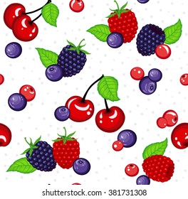 Seamless Pattern with  Berries and Green Leaves. Blackberry,Cherry, Raspberry, Blueberry Seamless Texture on white background