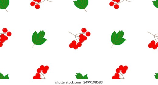 Seamless pattern with berries and green viburnum leaves on a white background for textile, fabric, wrapping paper