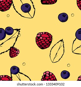 Seamless pattern with berries. Hand-Drawn Raspberries and Blueberries