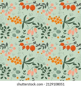Patrón sin foco con bayas y hierba sobre fondo verde. Ilustración vectorial en estilo plano. Fondo floral natural para envolver papel o textil.