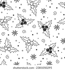 Seamless pattern with berries and holly leaves. Christmas ornament for design of fabrics, paper, textiles, wrappers, wallpaper. Winter design. Vector illustration