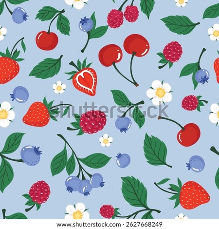 Seamless pattern of berries  including strawberries, cherries, blueberries, and raspberries  on a light blue background. design  for fabric, wallpaper, or packaging.