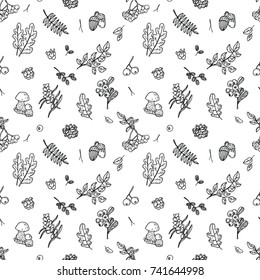 Seamless pattern with  berries, leaf, oak, mushrooms and cones in vector/ Forest woods