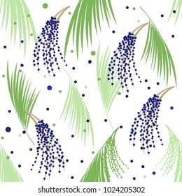 Seamless pattern berries and leaves of Acai palm. Vector illustration