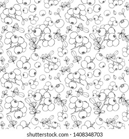 Seamless pattern of berries, leaves of bilberry. Uniform filling.Flat style.For fabric, paper, Wallpaper design.Vector file. Outline drawing of blueberries on white background.