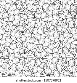 seamless pattern with berries and leaves in black and white, antistress coloring
