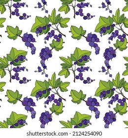 Seamless pattern of berries and leaves of blackcurrant. Bright color.A pattern of summer berries on a white background.For the design and decor of fabric,paper and wallpaper,packaging.
