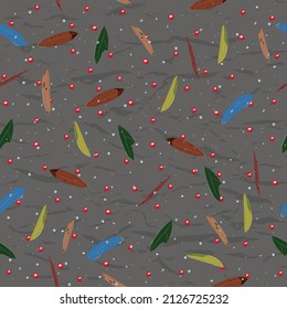 Seamless pattern with berries and leaves from collection with blue jay and red cardinal birds. 