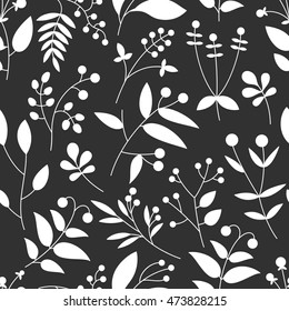 Seamless pattern with berries and leaves. Floral  white and black background. Vector illustration.