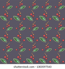 Seamless pattern with berries and leaves on dark background. Vector Illustration.