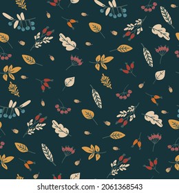 Seamless pattern with berries and leaves on dark background. Autumn concept. For textile, surface design and other design projects