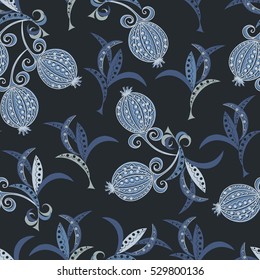 Seamless pattern with berries and leaves on a black background. Vector.