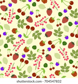 seamless pattern with berries and leaves on a light background. Strawberries, raspberries, gooseberries, cherries, currants, blackberries.  Vector illustration