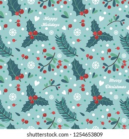 Seamless pattern with berries, leaves and twigs. Vector illustration for your design