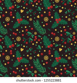 Seamless pattern with berries, leaves and twigs on black background. Vector illustration for your design