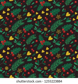 Seamless pattern with berries, leaves and twigs on black background. Vector illustration for your design
