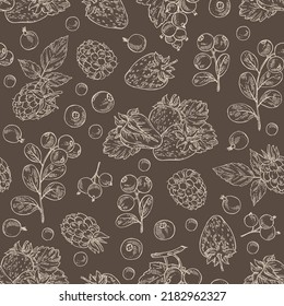 Nahtlose Muster mit Beeren: Beeren, Brombeeren, schwarzer Johannisbeere und Erdbeeren. Vektorgrafik, handgezeichnet.